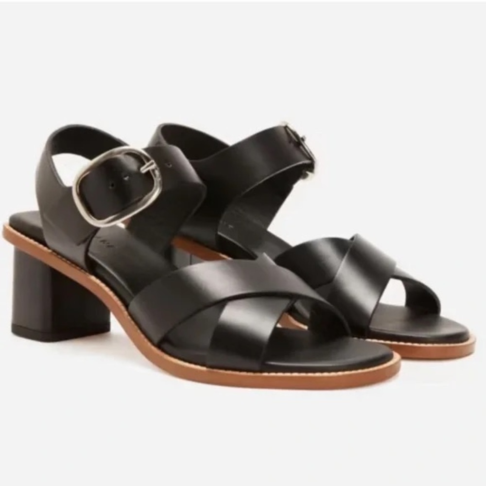 Everlane The Italian Leather Buckle Block Heel in Black Women's Shoe Size 8